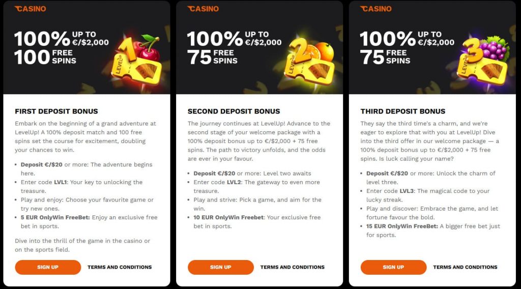 Level Up Casino welcome bonus banner with pokies background
