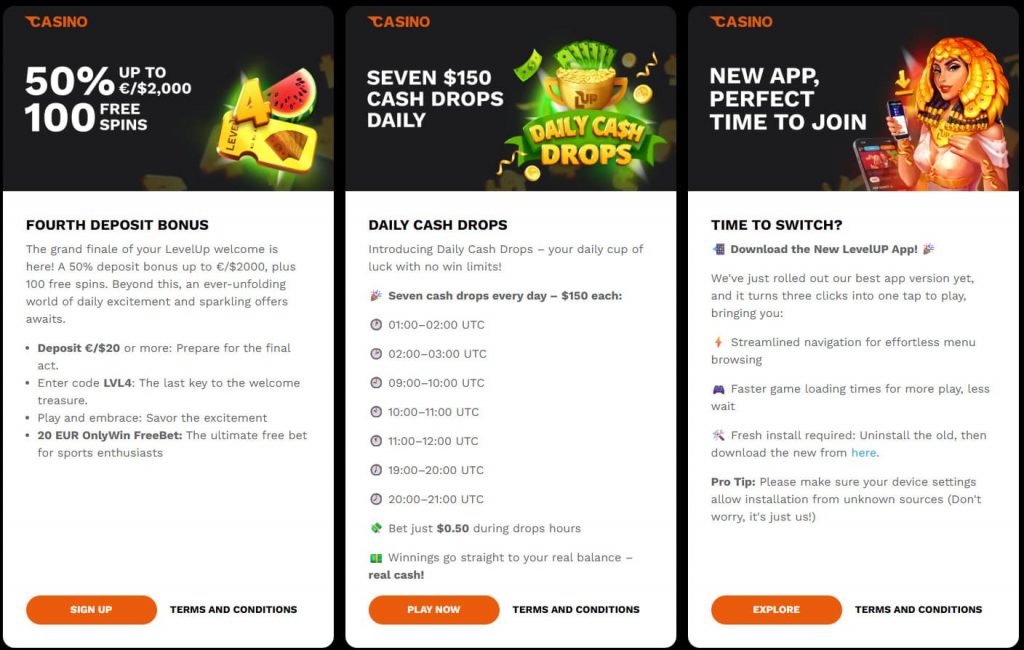 Player receiving free spins at Level Up Casino