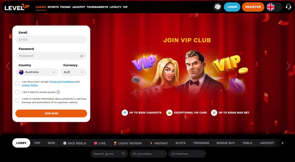 Level Up Casino homepage with pokies and bonus offers