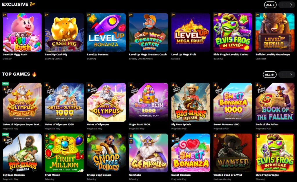 Player browsing pokies on Level Up Casino mobile app