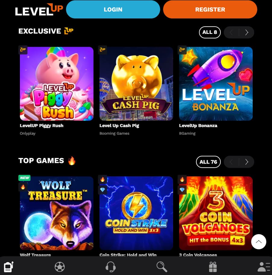 Player using Level Up Casino on a tablet device